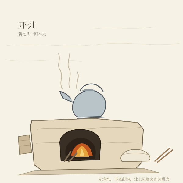 新宅开伙仪式插画:灶上火光与水壶