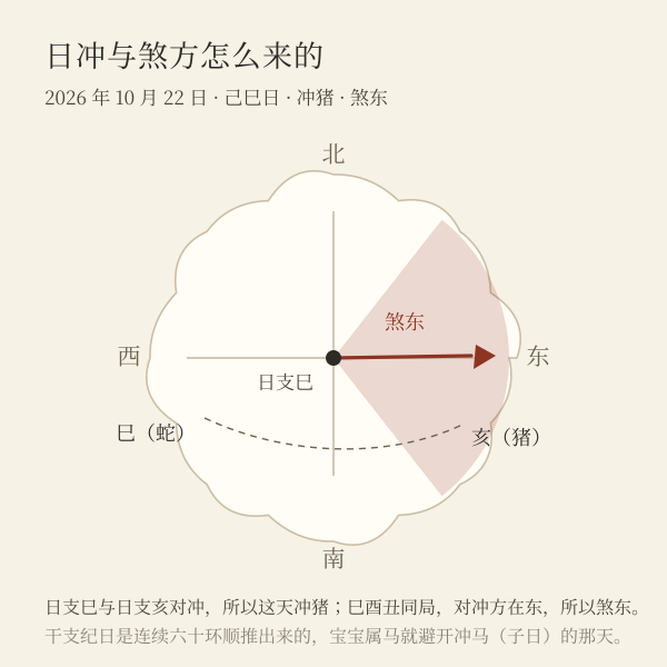 日冲与煞方：以 2026 年 10 月 22 日（己巳日）为例，冲猪煞东